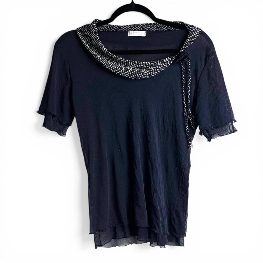 Vintage Navy Blue Mesh Short Sleeve Top with Polka Dot Collar